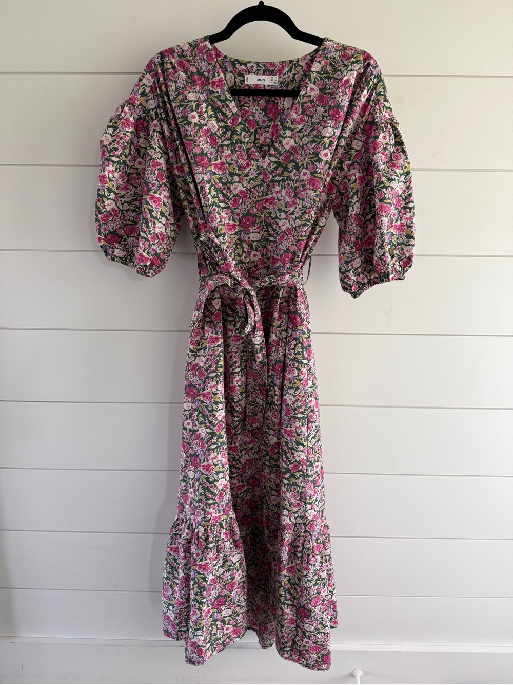Mango Pink Floral Maxi Dress with Puff Sleeves